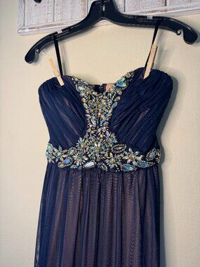 Deb Juniors Navy Strapless Embellished Beaded Maxi Prom Dress Size 3
